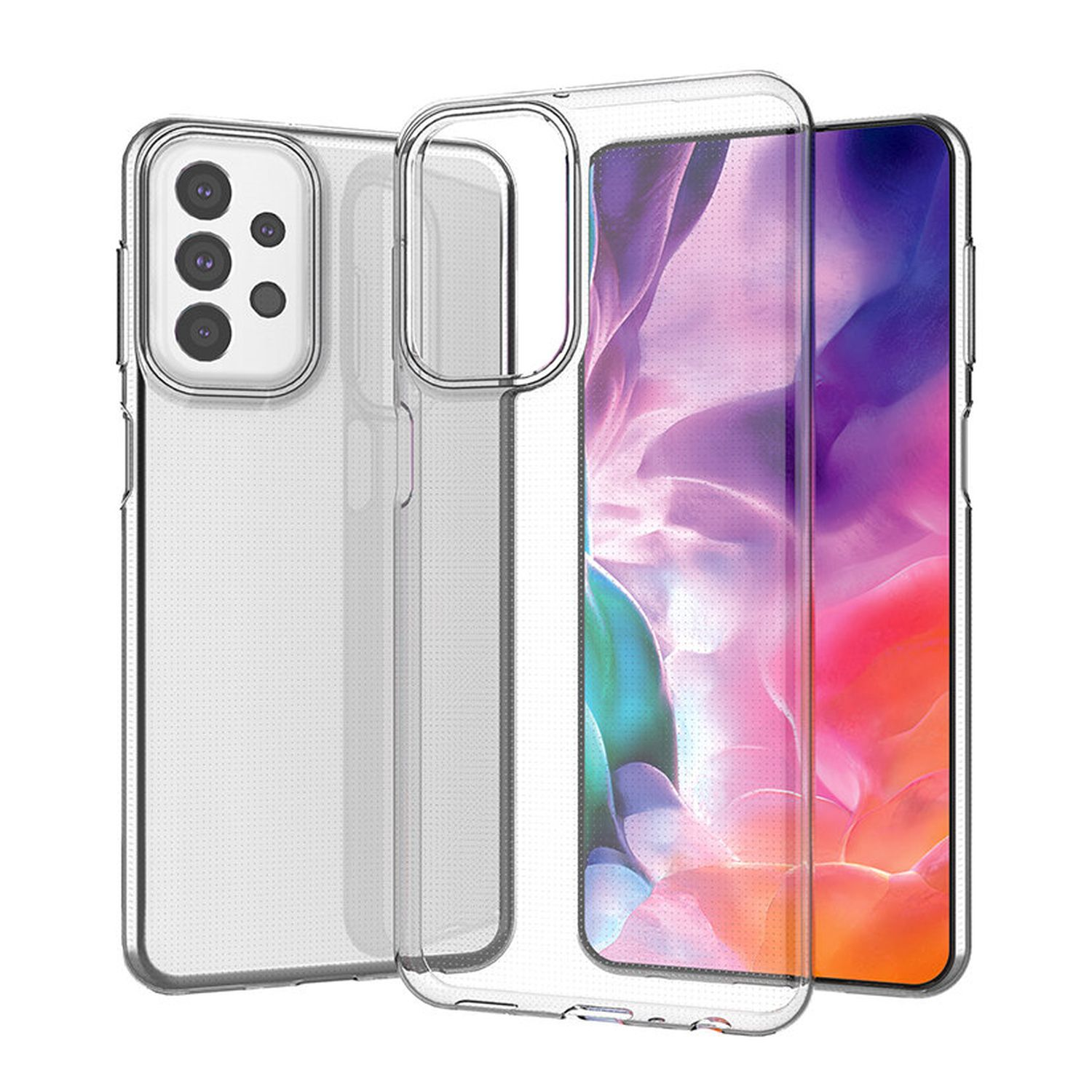 Transparente Handyhülle auf einem Telefon, auf weißem Hintergrund.