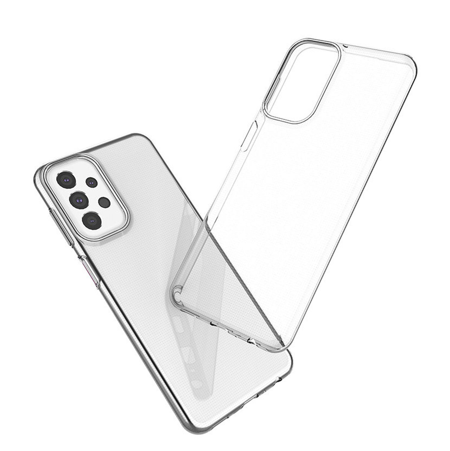 Transparente Handyhülle, auf weißem Hintergrund, mit einem Telefon darin. Zwei Hüllen sind sichtbar.