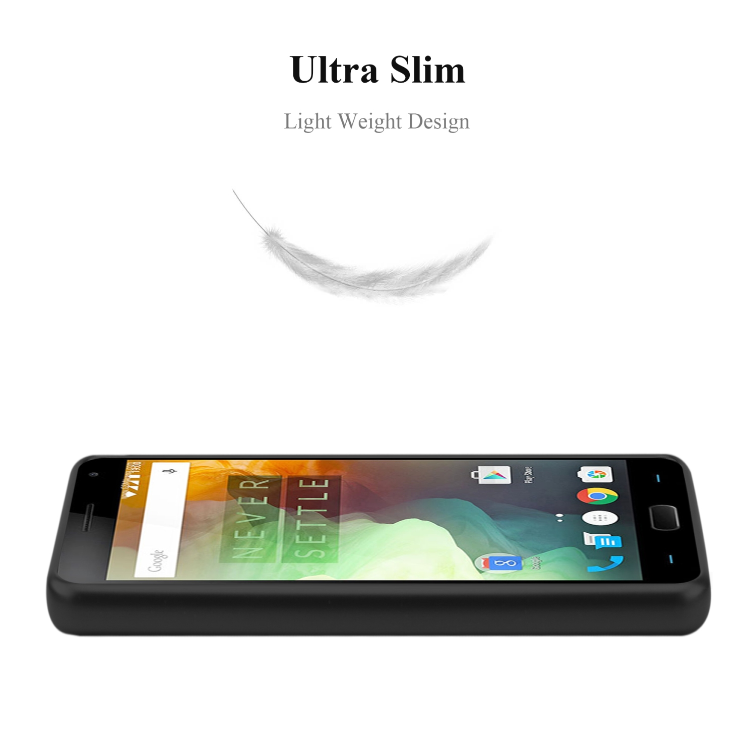Telefono nero su sfondo bianco. Piuma fluttuante sopra. Testo: Ultra Slim, Light Weight Design.