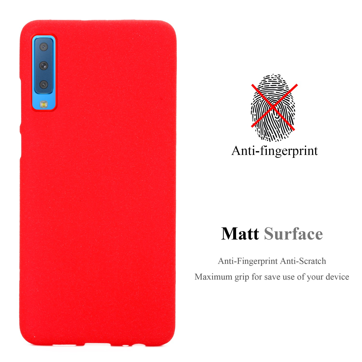 Rote Handyhülle mit Text über Anti-Fingerabdruck, Anti-Kratzer und matte Oberfläche.