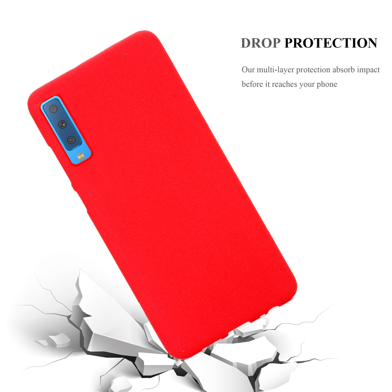 Eine rote Handyhülle zerbricht eine Oberfläche. Text lautet "DROP PROTECTION".