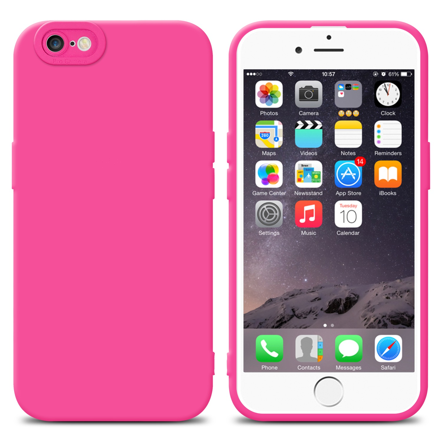Custodia rosa e telefono con schermo di applicazioni.
