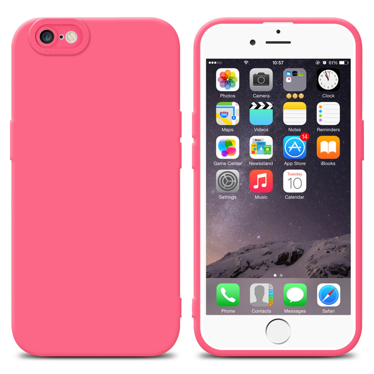 Custodia per telefono rosa, accanto a un telefono che mostra app, su sfondo bianco.