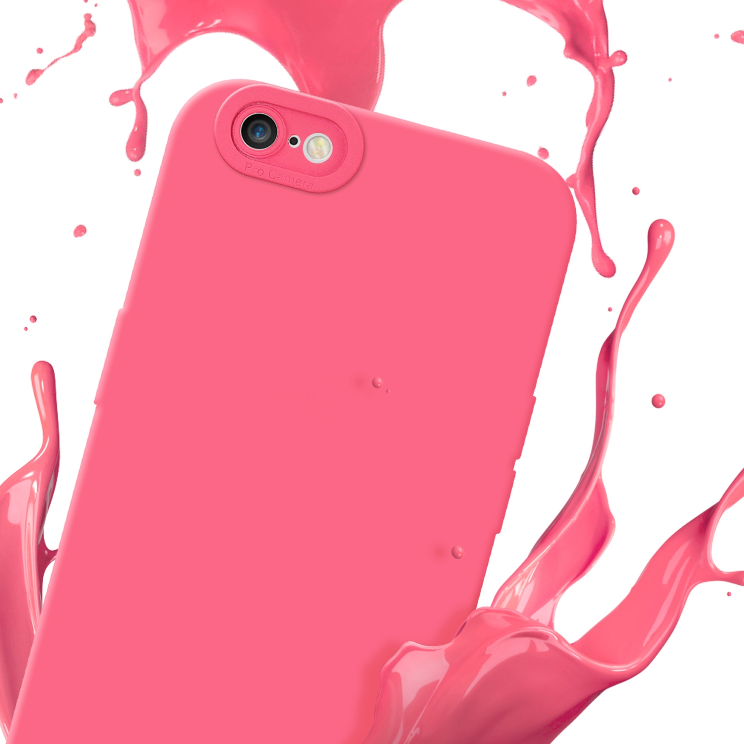 Una custodia per telefono rosa con un ritaglio per la fotocamera è spruzzata di vernice rosa, con uno sfondo bianco.