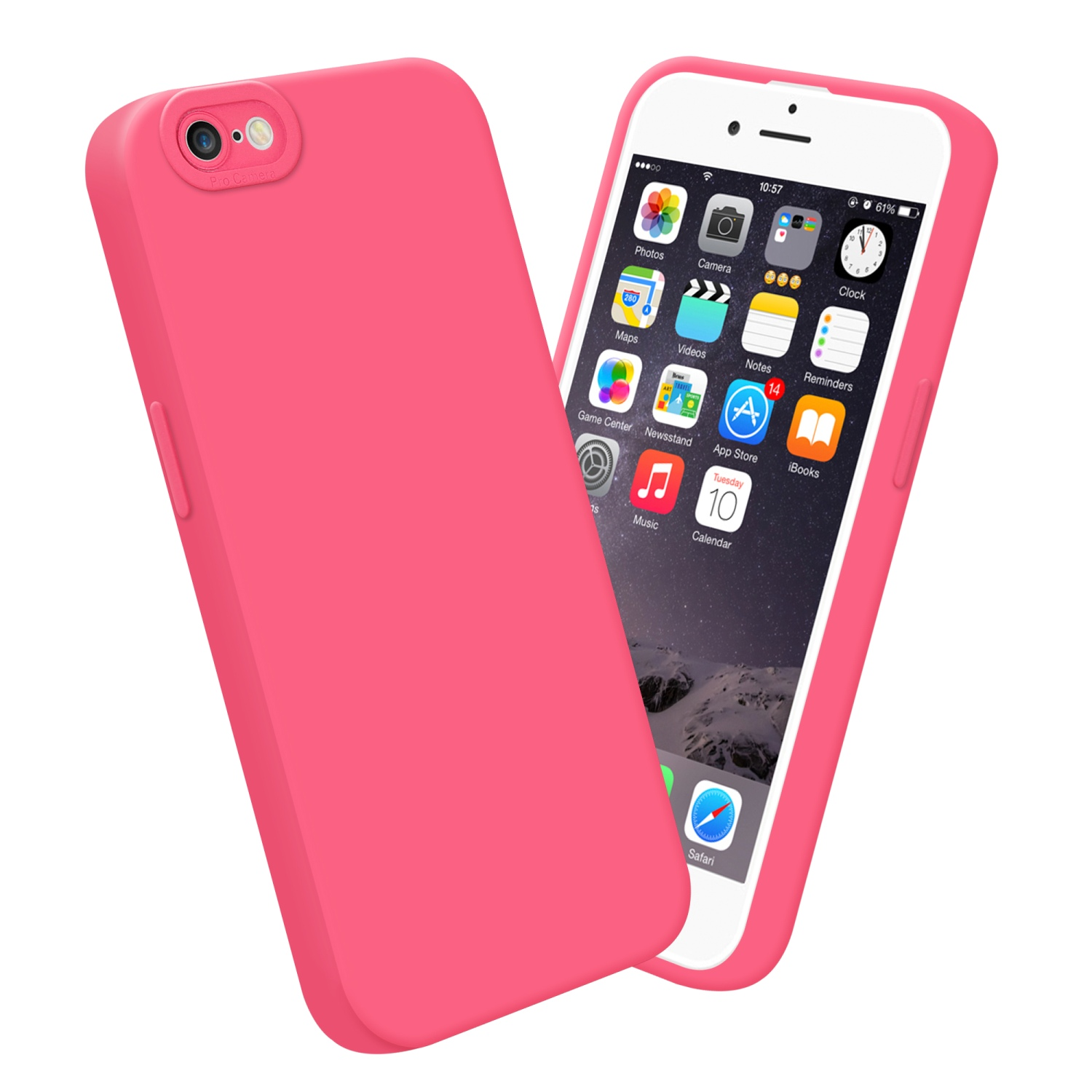 Custodie per telefono rosa con un telefono e il suo schermo sul lato destro.