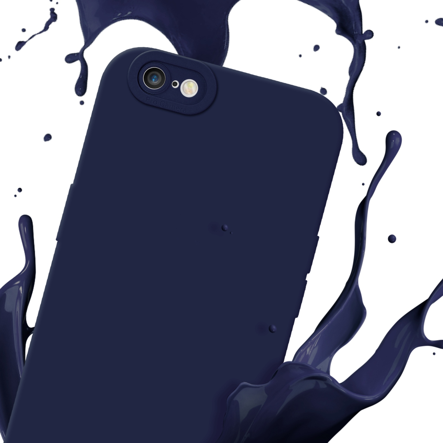 Custodia blu navy con ritaglio fotocamera e schizzi di vernice blu navy su sfondo bianco.