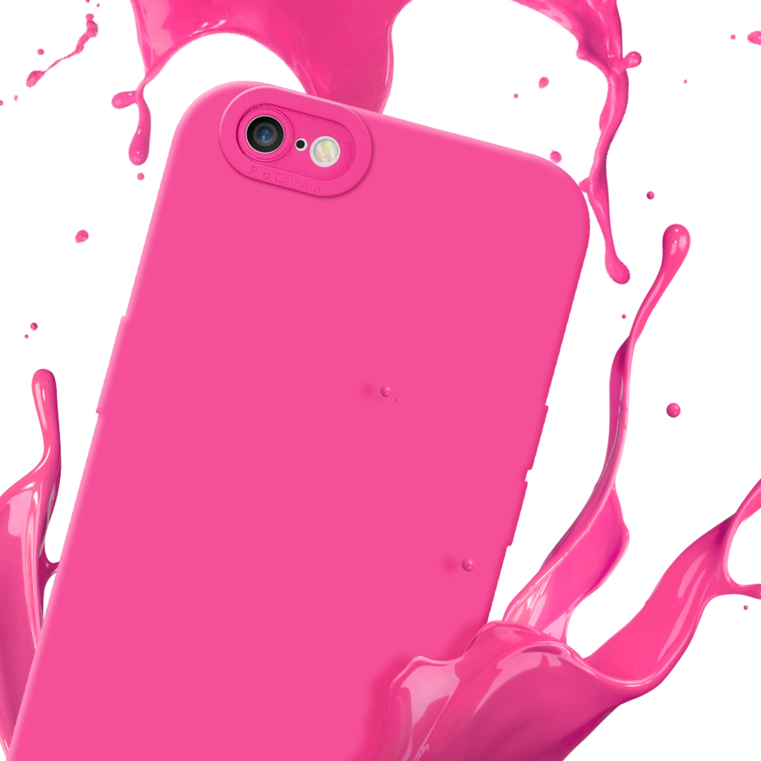 Custodia rosa per telefono con fotocamera. Spruzzi di vernice rosa. Sfondo bianco.