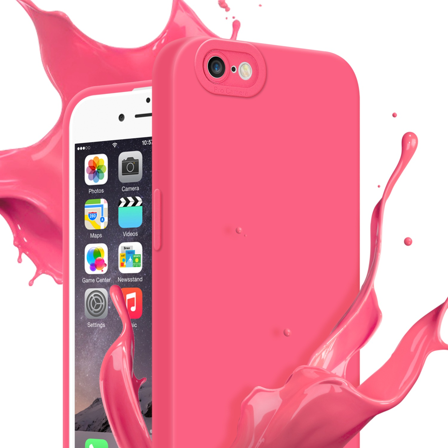Un telefono rosa con una custodia rosa. Schizzi di vernice rosa intorno al telefono.