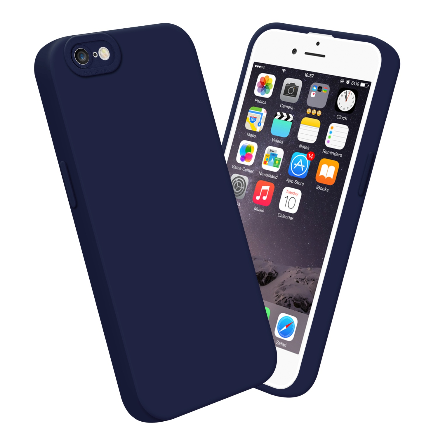 Una custodia blu accanto a un iPhone con display.