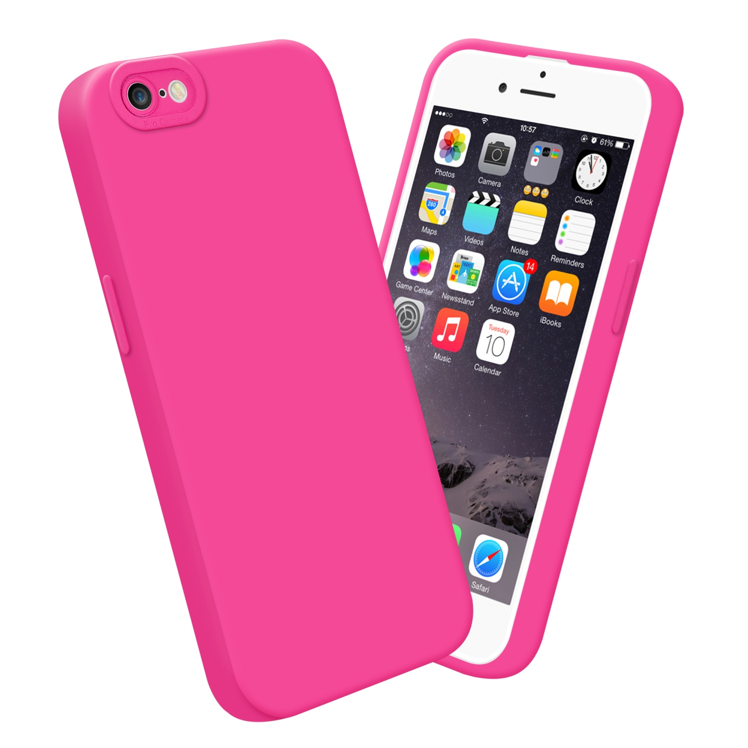 Custodia rosa con un telefono che mostra le icone delle app.