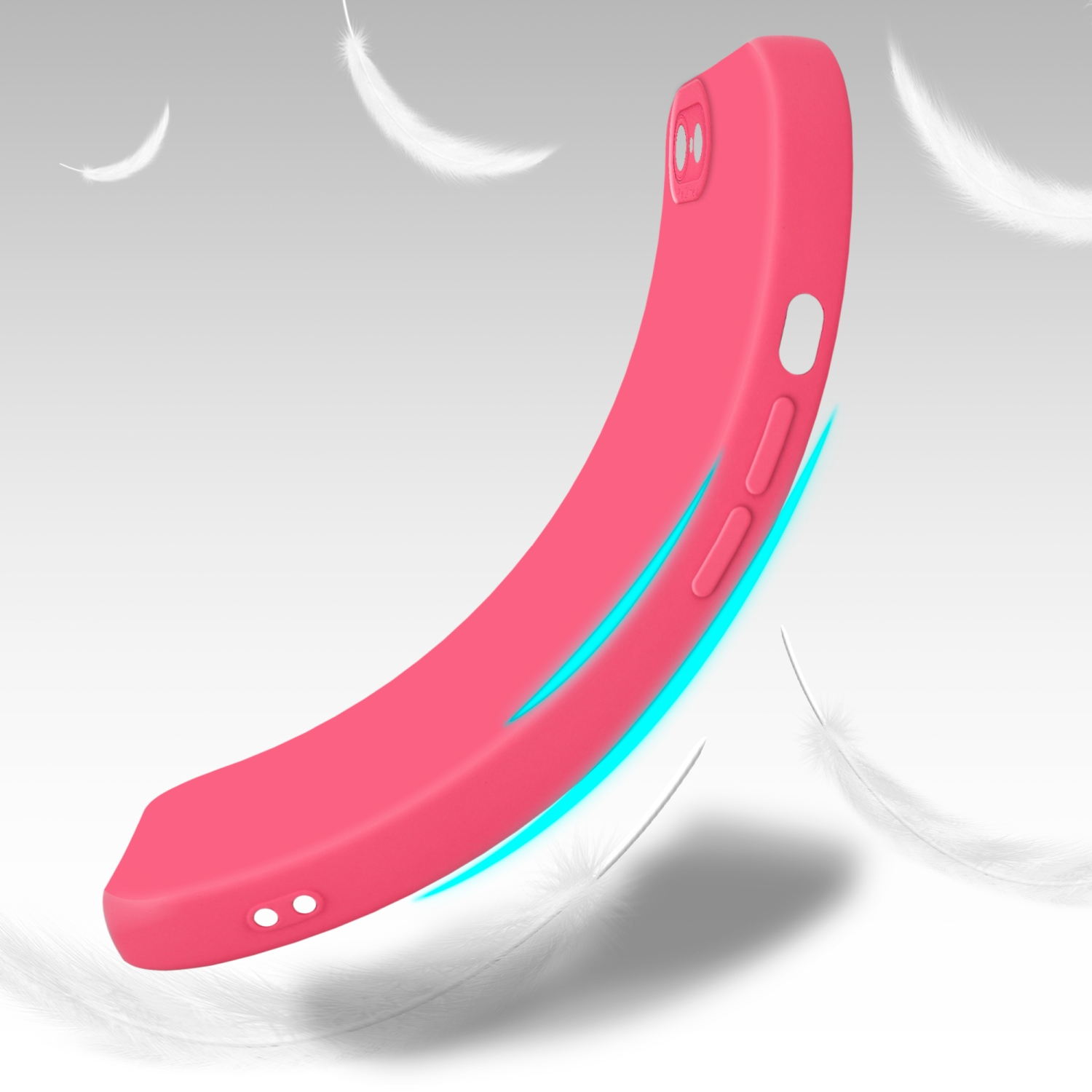 Custodia rosa per telefono con ritaglio fotocamera, design curvo e piume che cadono su sfondo sfumato.