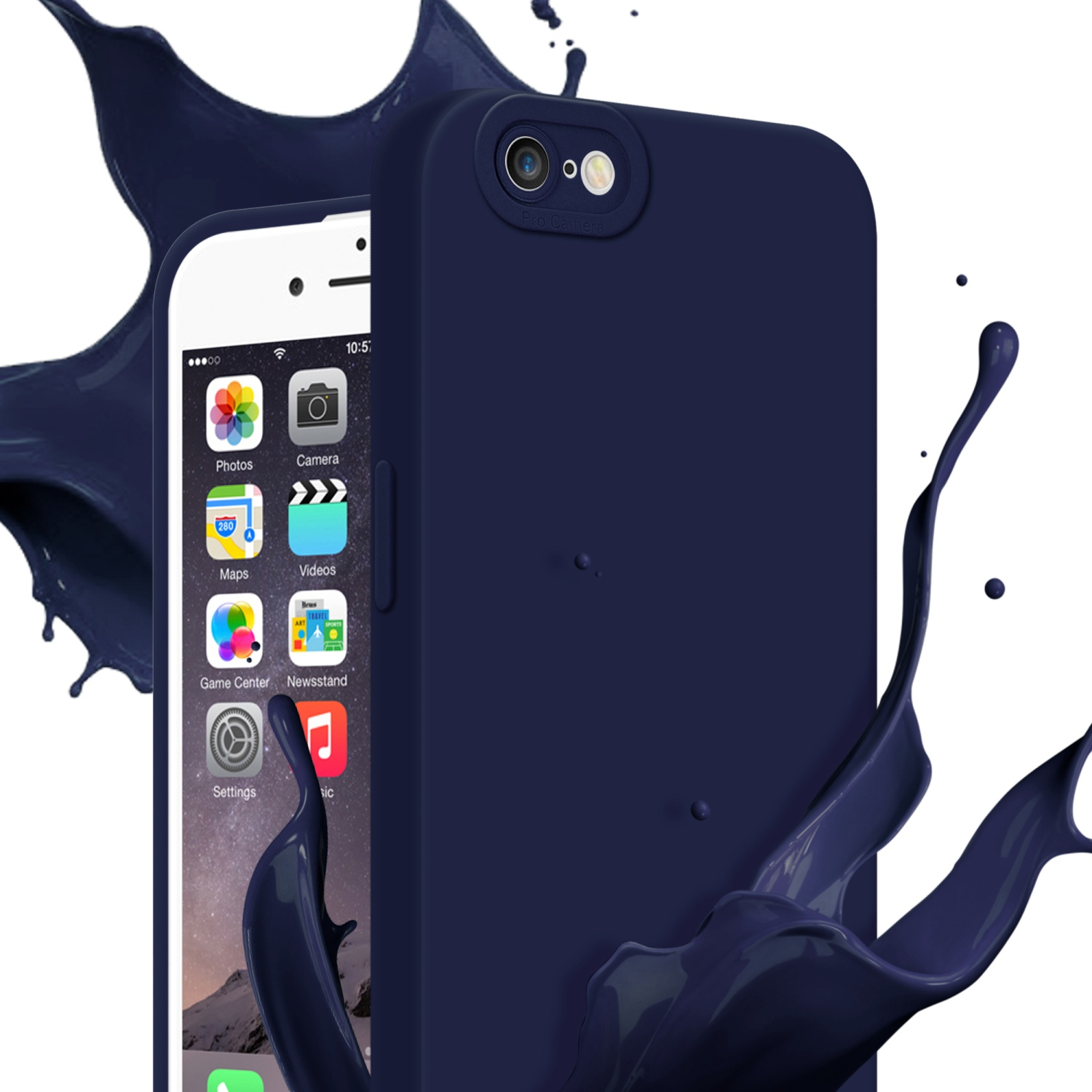 Custodia blu navy con schizzo, telefono a sinistra, con icone visibili. Schizzo di vernice blu a destra.
