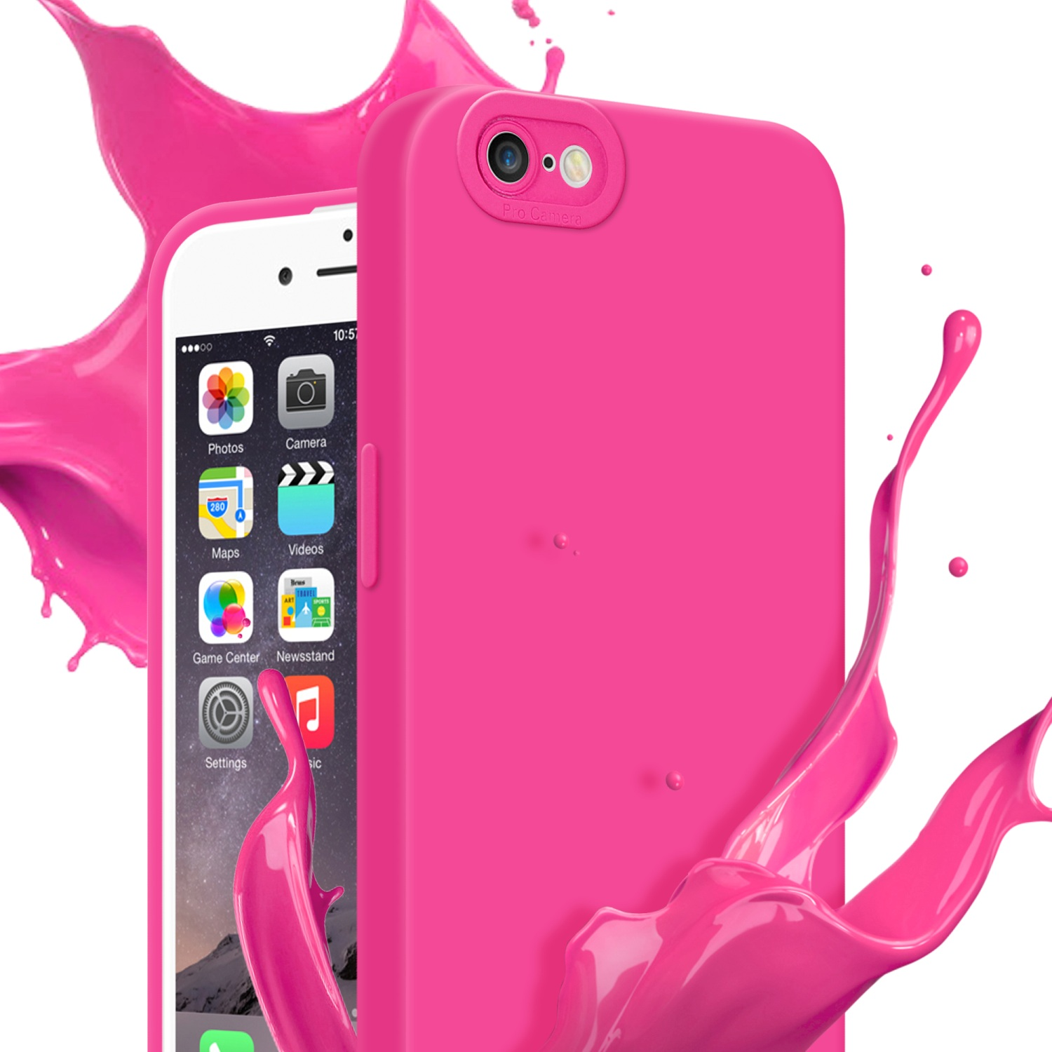 Custodia per telefono rosa con un telefono di lato. Schizzo di vernice rosa su sfondo bianco.