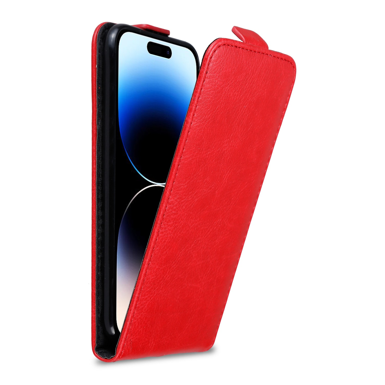 Rote Handyhülle, Geldbörsenstil, geöffnet, um das Telefon zu zeigen.