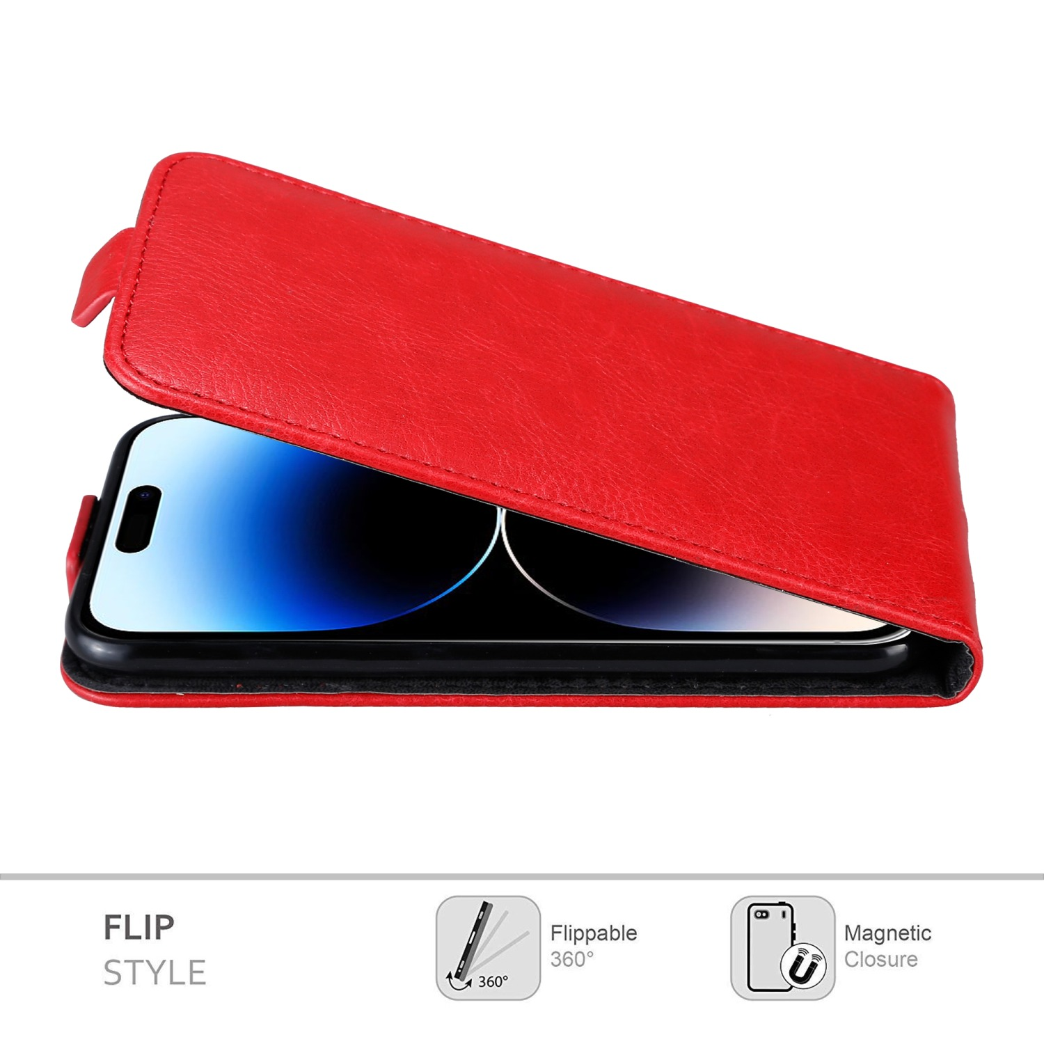 Rote Flip-Style-Handyhülle. Die Hülle ist offen. Symbole, die ein umklappbares Design und Magnetverschluss anzeigen.