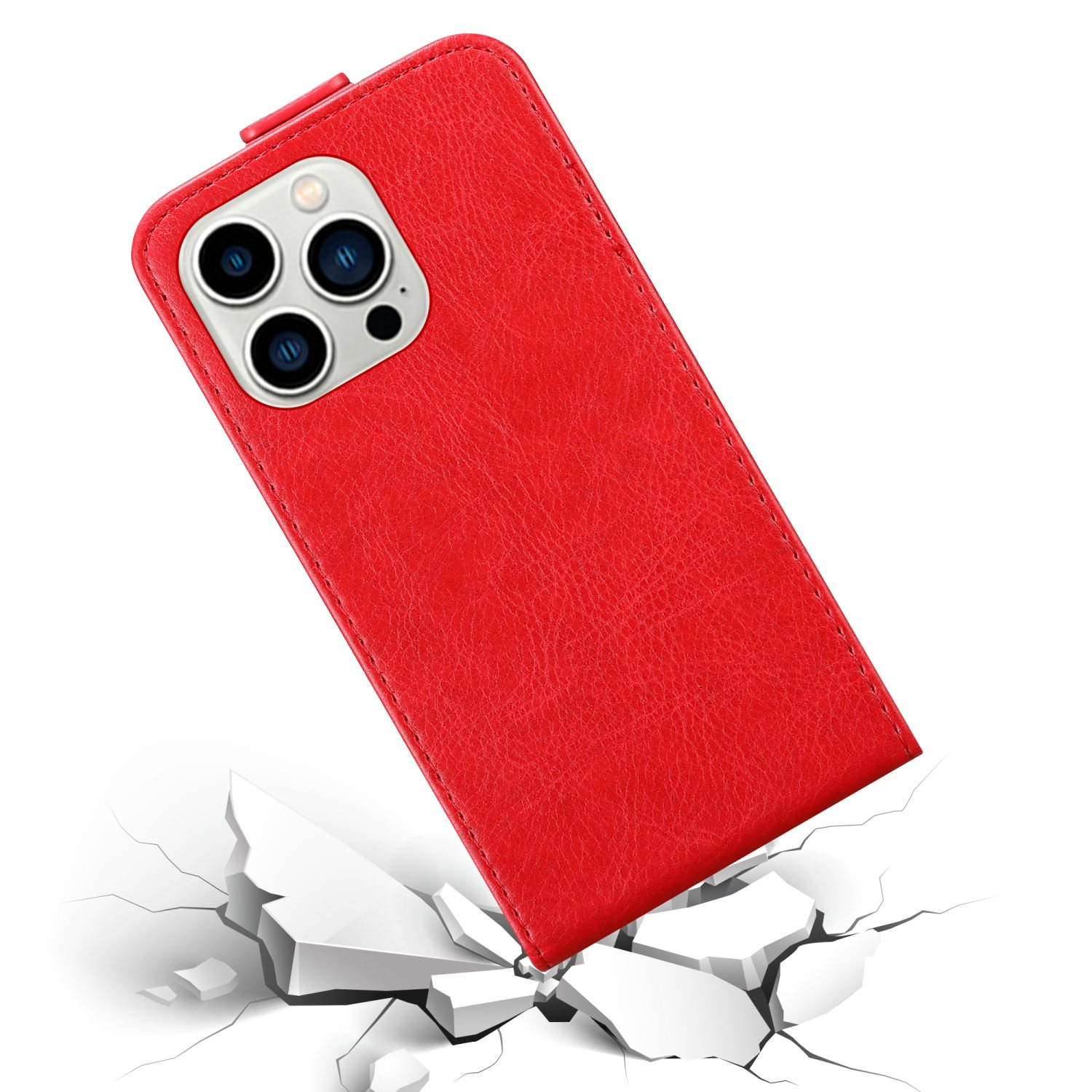 Rote Leder-Handyhülle auf zerbrochenem Boden. Zeigt ein Telefon und Kameralinsen.