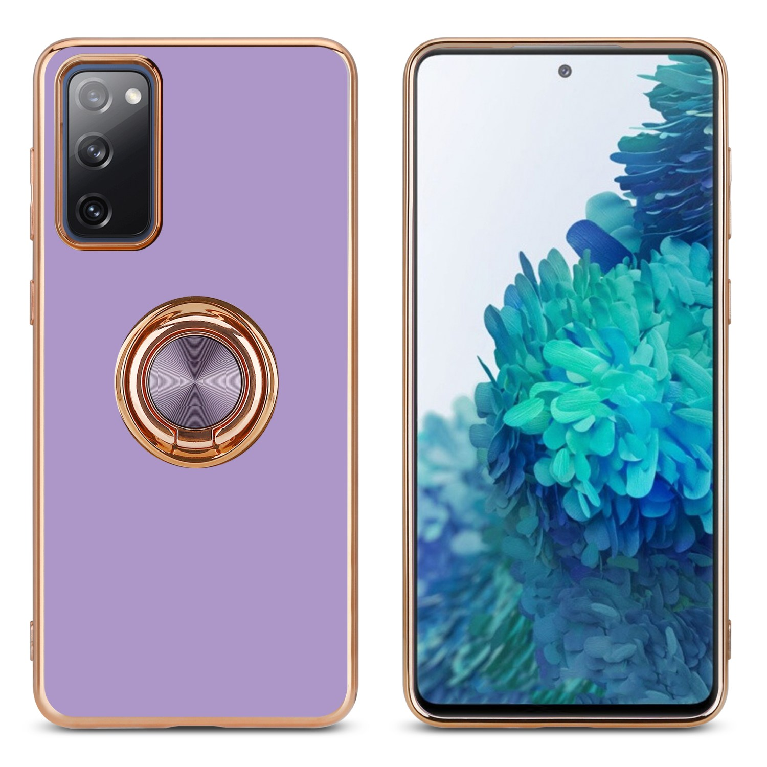 Lila Handyhülle mit goldener Umrandung und Ringhalter, rechts mit Telefonbildschirm.