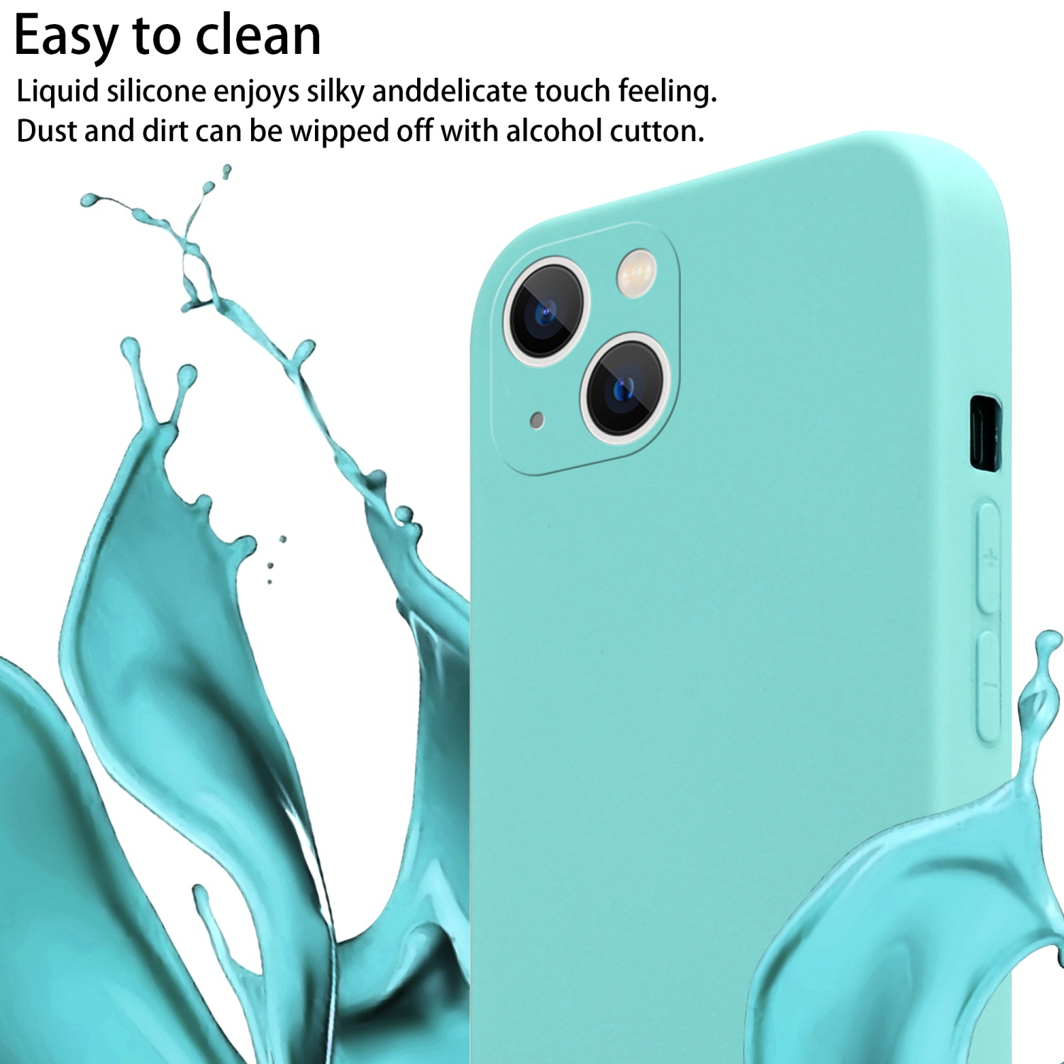 Una custodia per telefono verde acqua con schizzi d'acqua e la fotocamera del telefono.