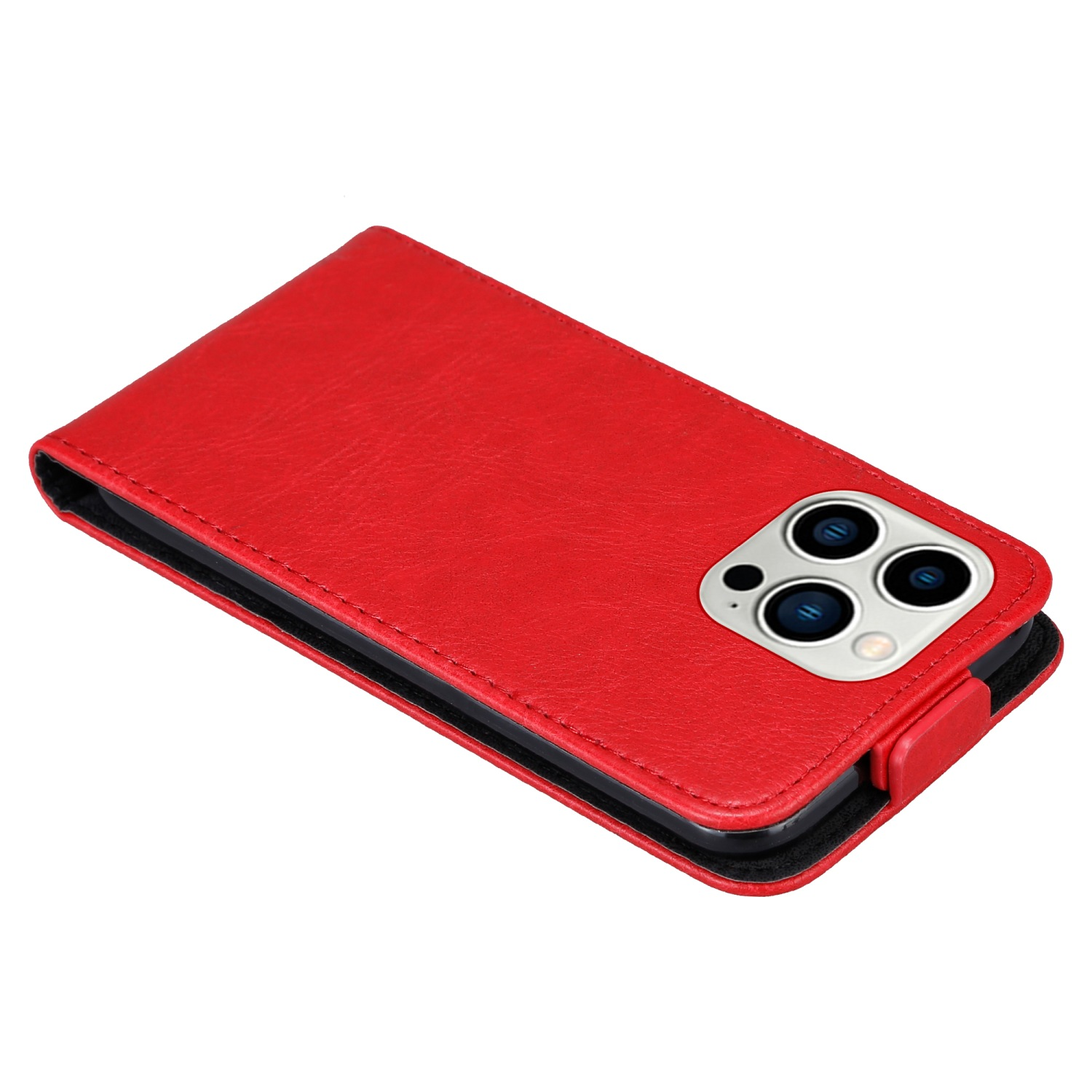 Eine rote Leder-Handyhülle, offen, mit sichtbarem Telefon. Die Hülle hat eine schwarze Innenseite.