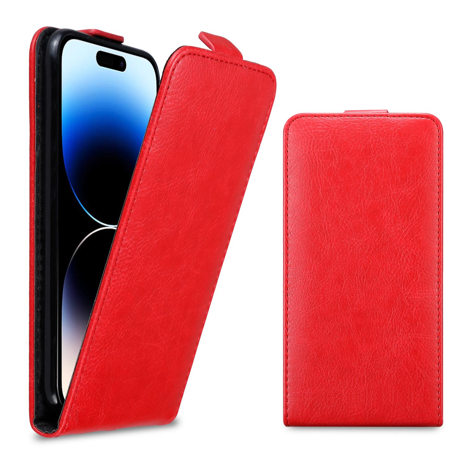 Eine rote Handyhülle geöffnet, ein Telefon zeigend. Eine geschlossene rote Hülle rechts. Beide haben Lederoptik.