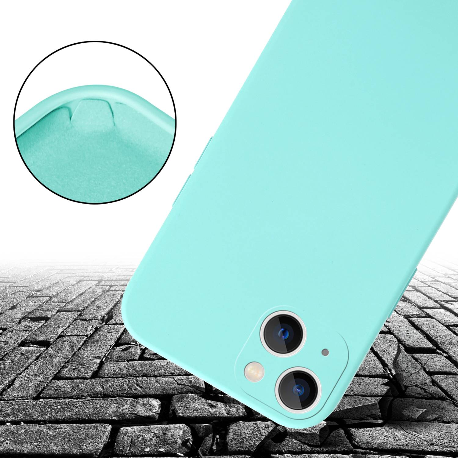 Una custodia per telefono verde acqua con un rialzo per la fotocamera su una superficie di mattoni. Un angolo è ingrandito.