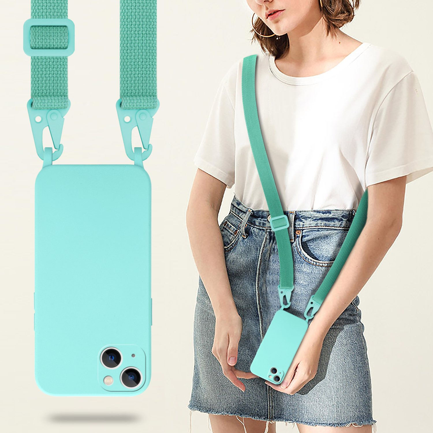 Una donna indossa una custodia per telefono con un cordino. Il telefono e la custodia sono verde acqua chiaro.