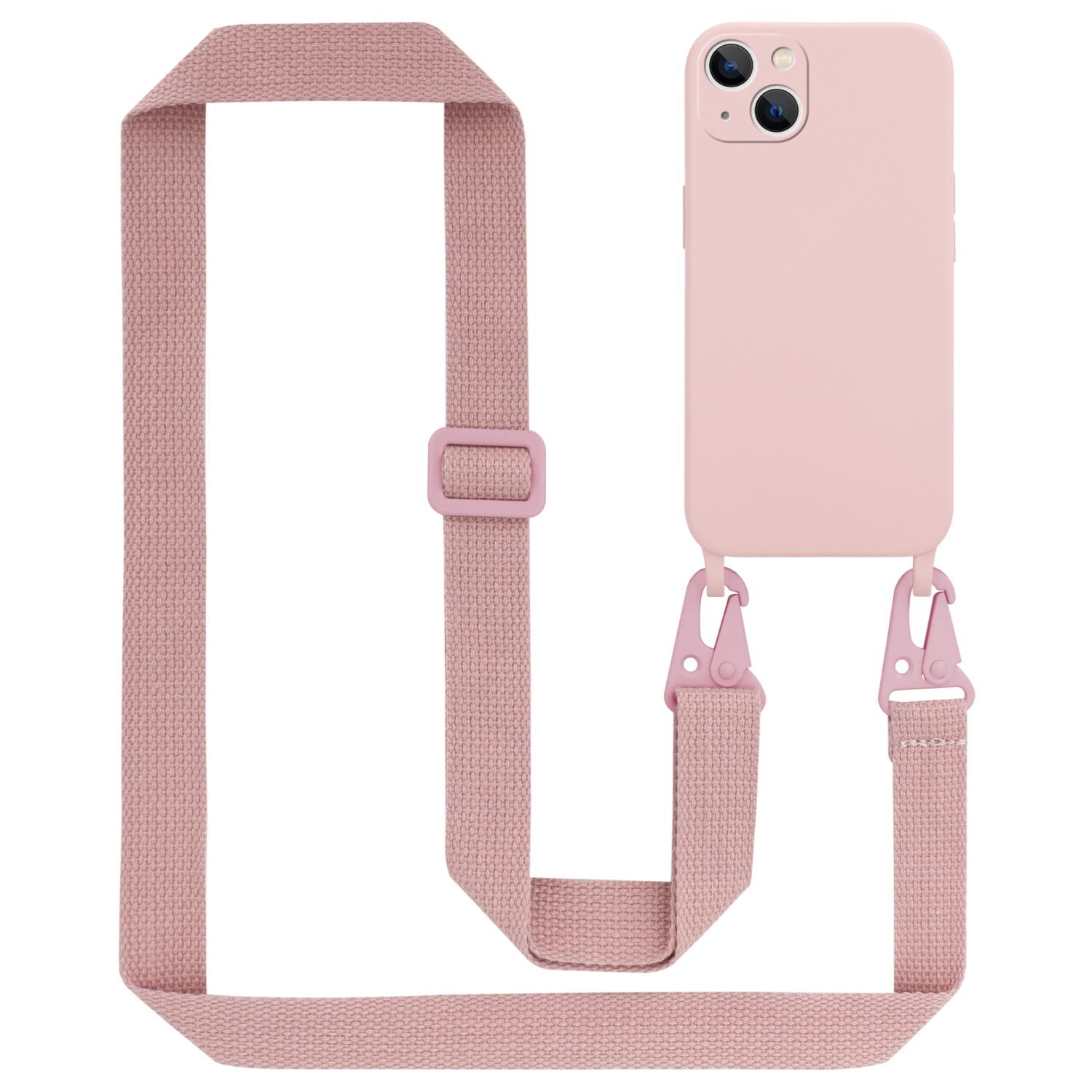 Rosa Handyhülle mit passendem Gurt und rosa Aufsätzen. Telefon ist sichtbar.
