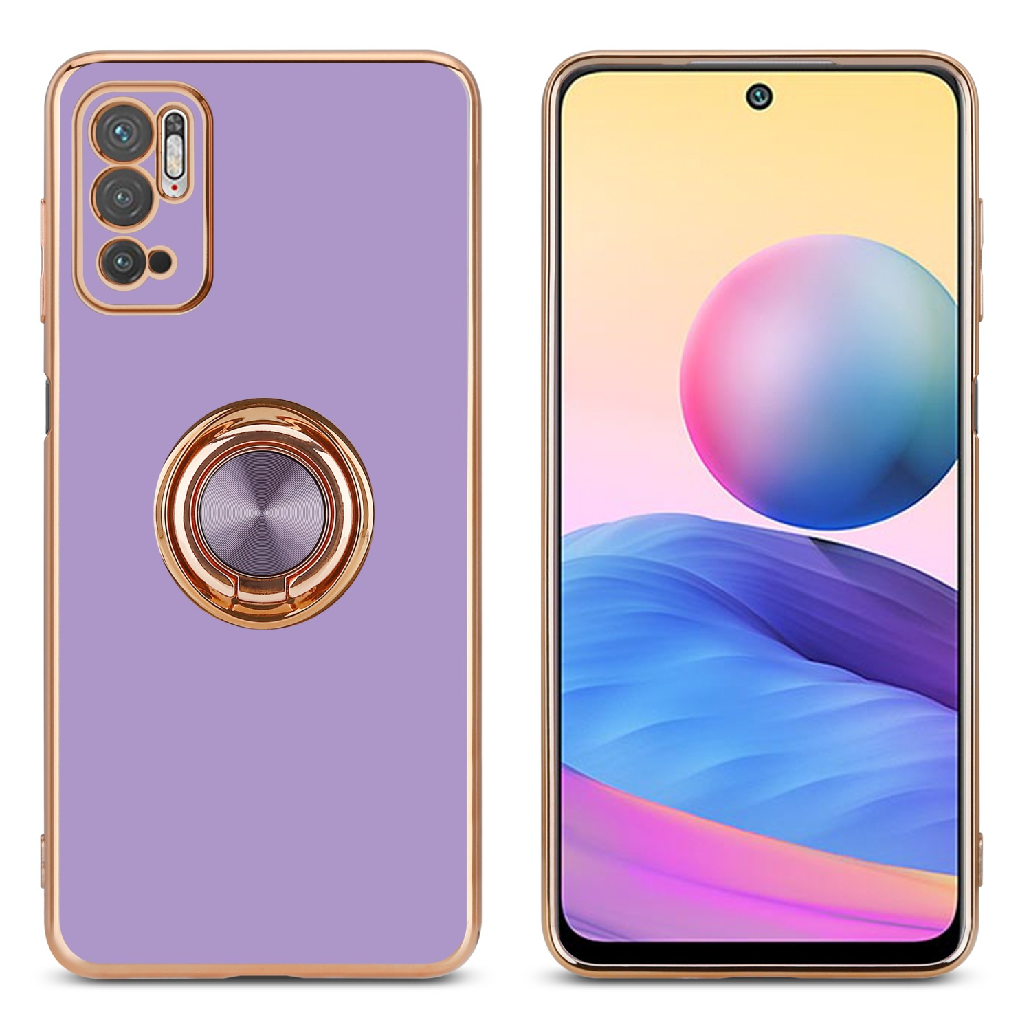 Lila Telefon mit Ringhalter und Goldrahmen. Der Bildschirm des Telefons ist sichtbar.