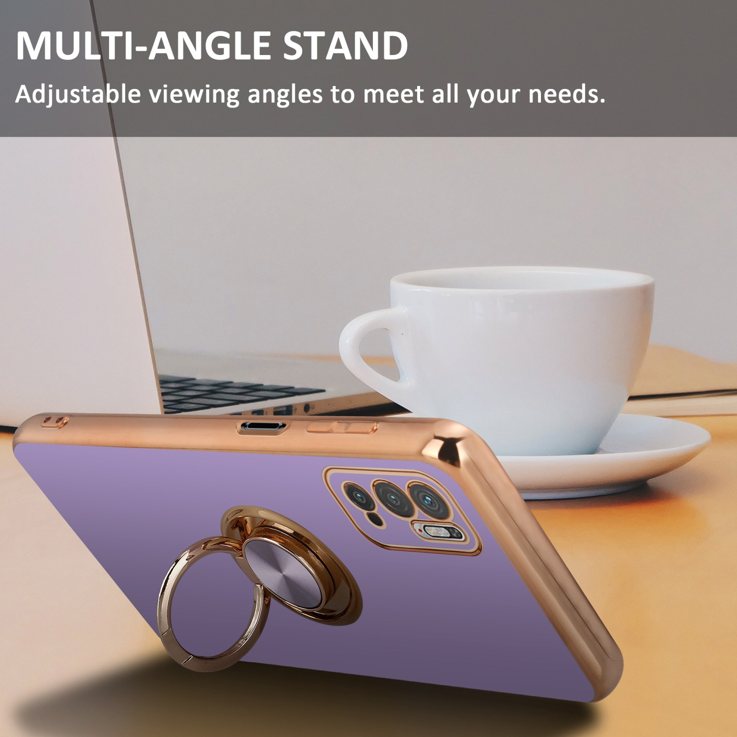 Telefon mit Ringständer auf Holztisch, Tasse und Laptop im Hintergrund.