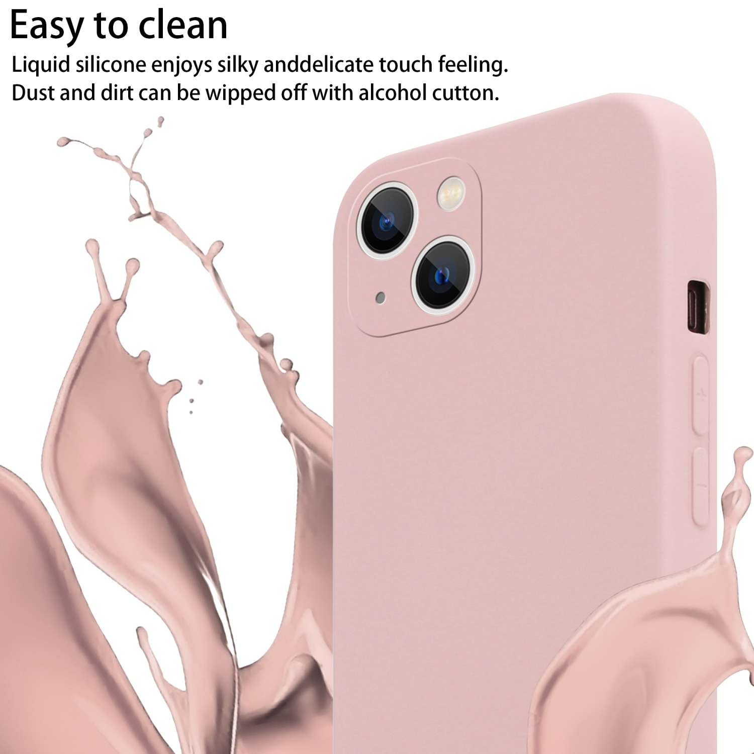 Eine rosa Handyhülle mit Doppel-Kamera und einem Spritzer rosa Flüssigkeit von der Seite.