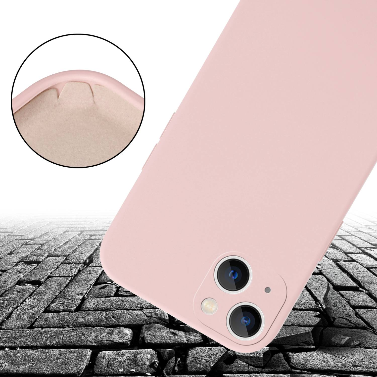 Eine pinke Handyhülle, die auf einer ziegelartigen Oberfläche angewinkelt ist, mit einem kreisförmigen Ausschnitt der Ecke.