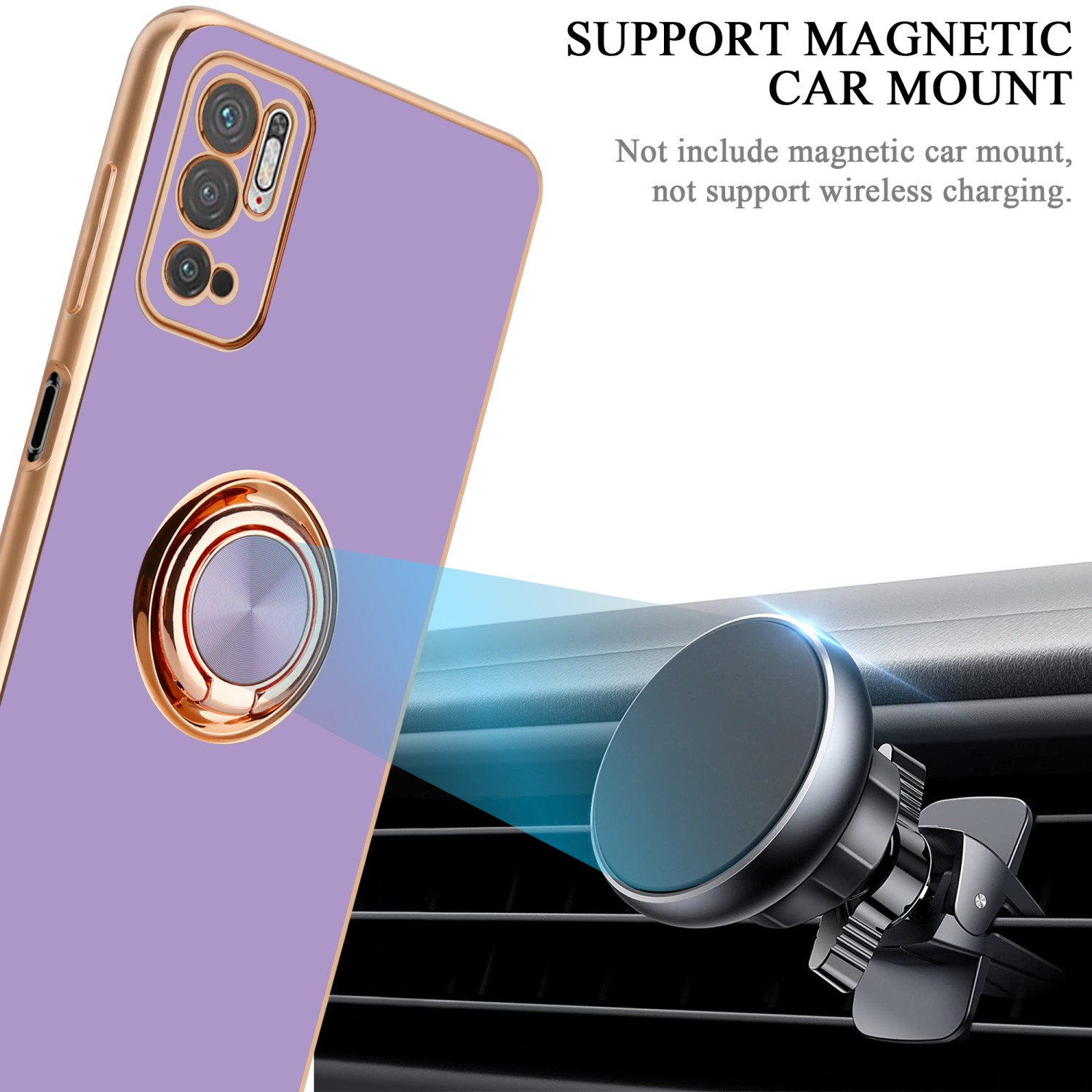 Lila Handyhülle mit Ringhalterung in einer Autohalterung. Text: „Support Magnetic Car Mount“.