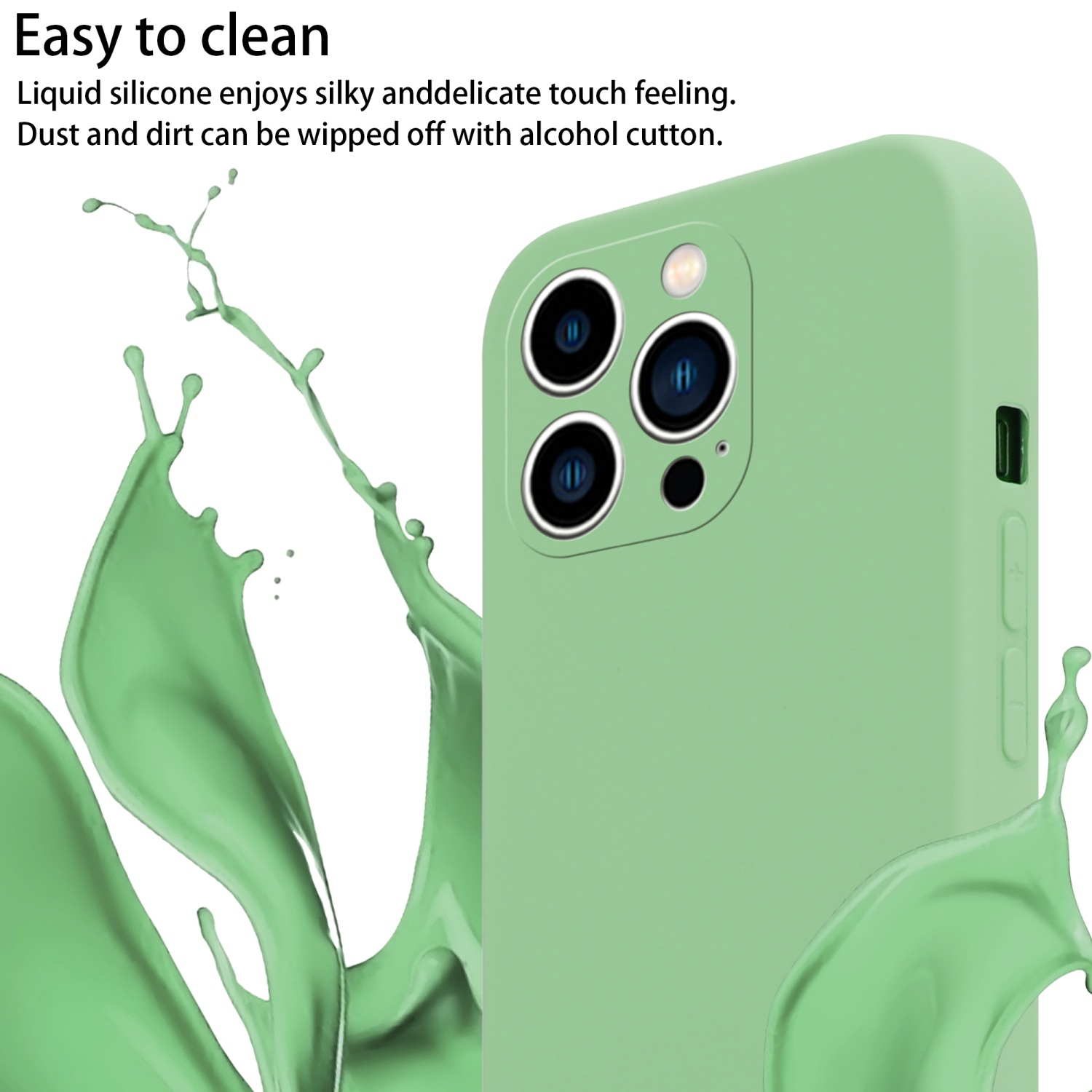 Eine grüne Handyhülle mit einem Spritzer grüner Farbe. Text: 'Easy to clean'.