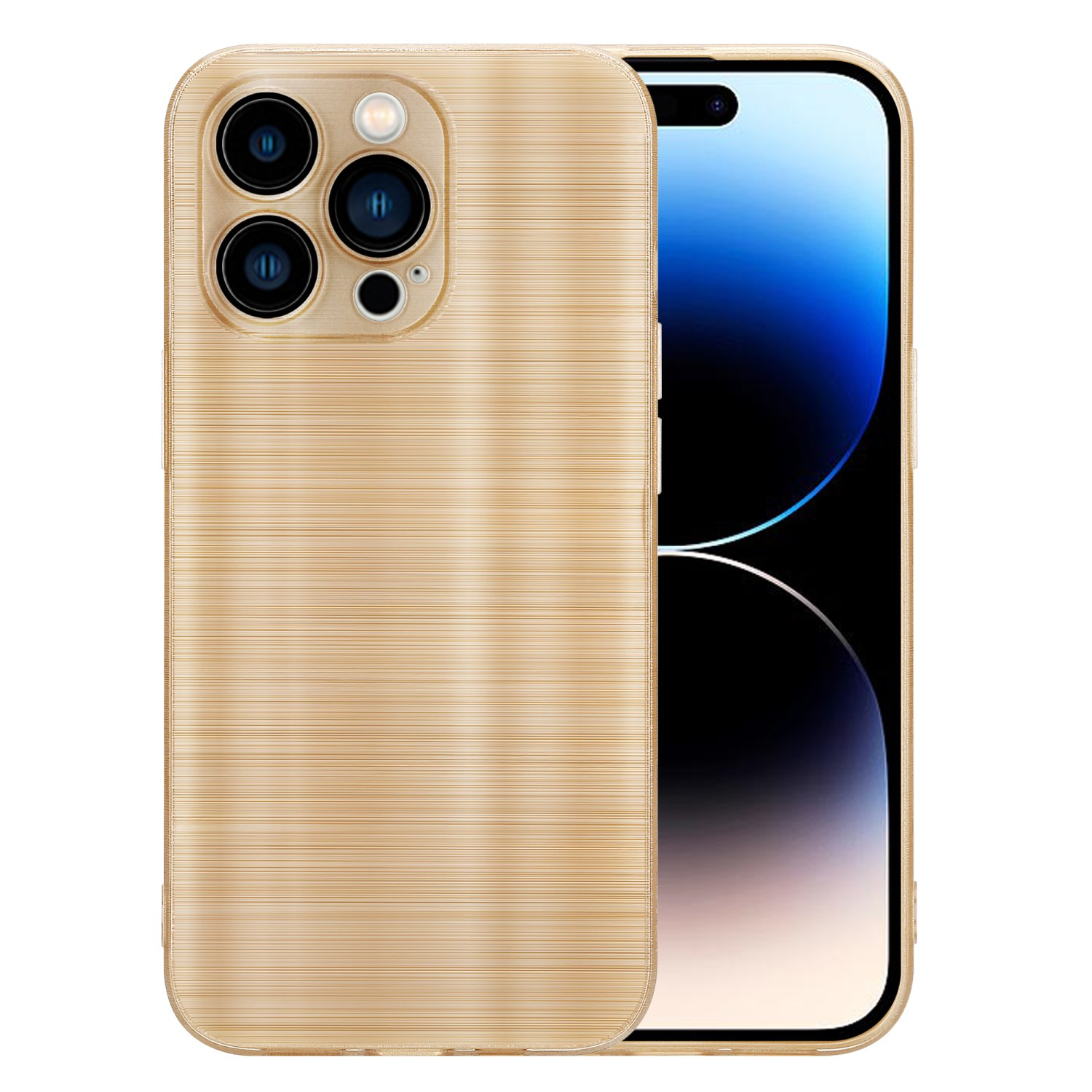 Goldene Handyhülle mit einem Telefonbildschirm mit blau-weißem Hintergrund.