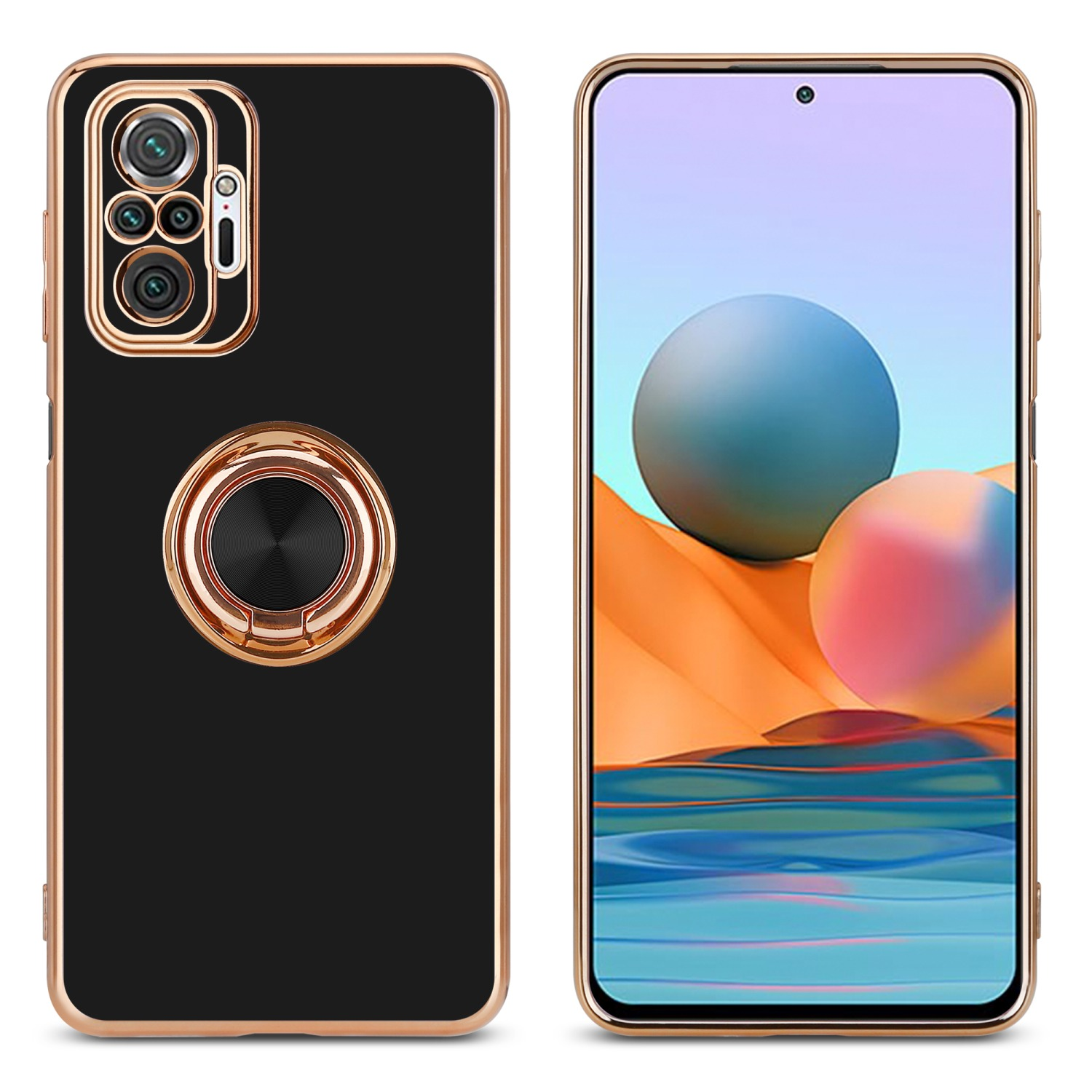Schwarze Handyhülle mit goldenem Rand und Ringhalter. Telefon zeigt orange-blauen Farbverlauf.
