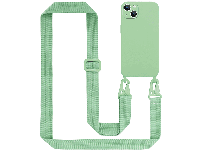 CADORABO Handy Kette Silikon Schutzhülle mit längen verstellbaren Kordel Band, Backcover, Apple, iPhone 14, LIQUID HELL GRÜN