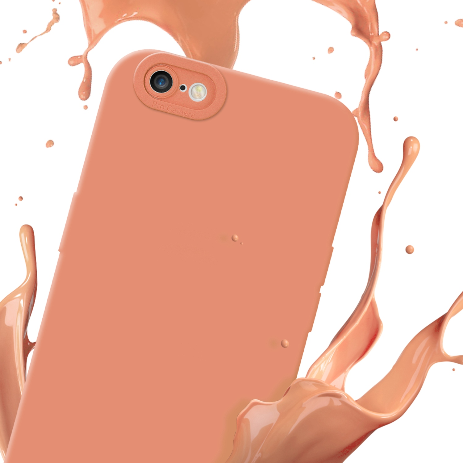 Custodia per telefono color pesca con dettaglio fotocamera. Schizzo di vernice color pesca su sfondo bianco.