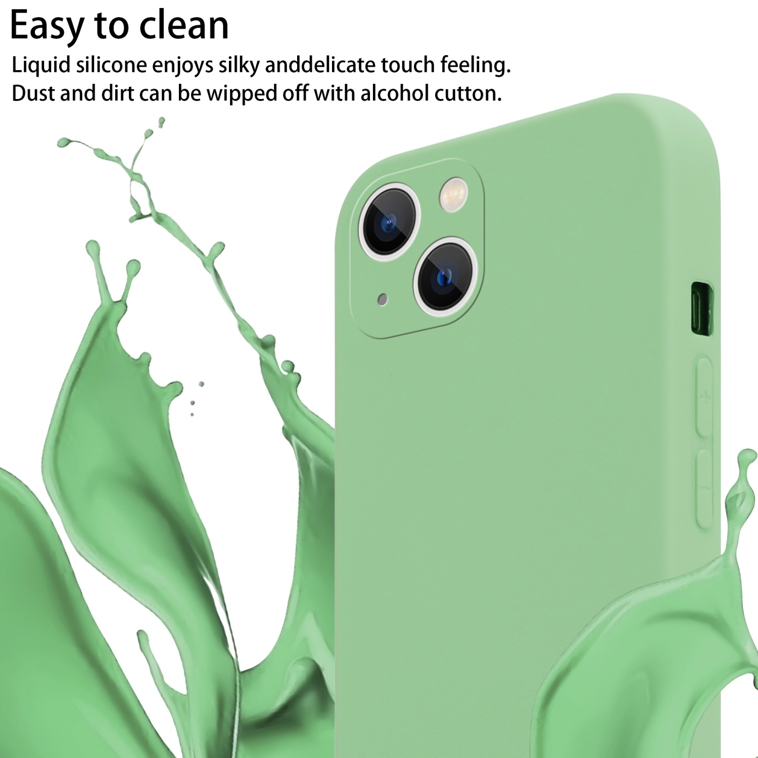 Handyhülle mit sichtbarer Kamera und Telefon. Grüner Spritzer-Hintergrund.