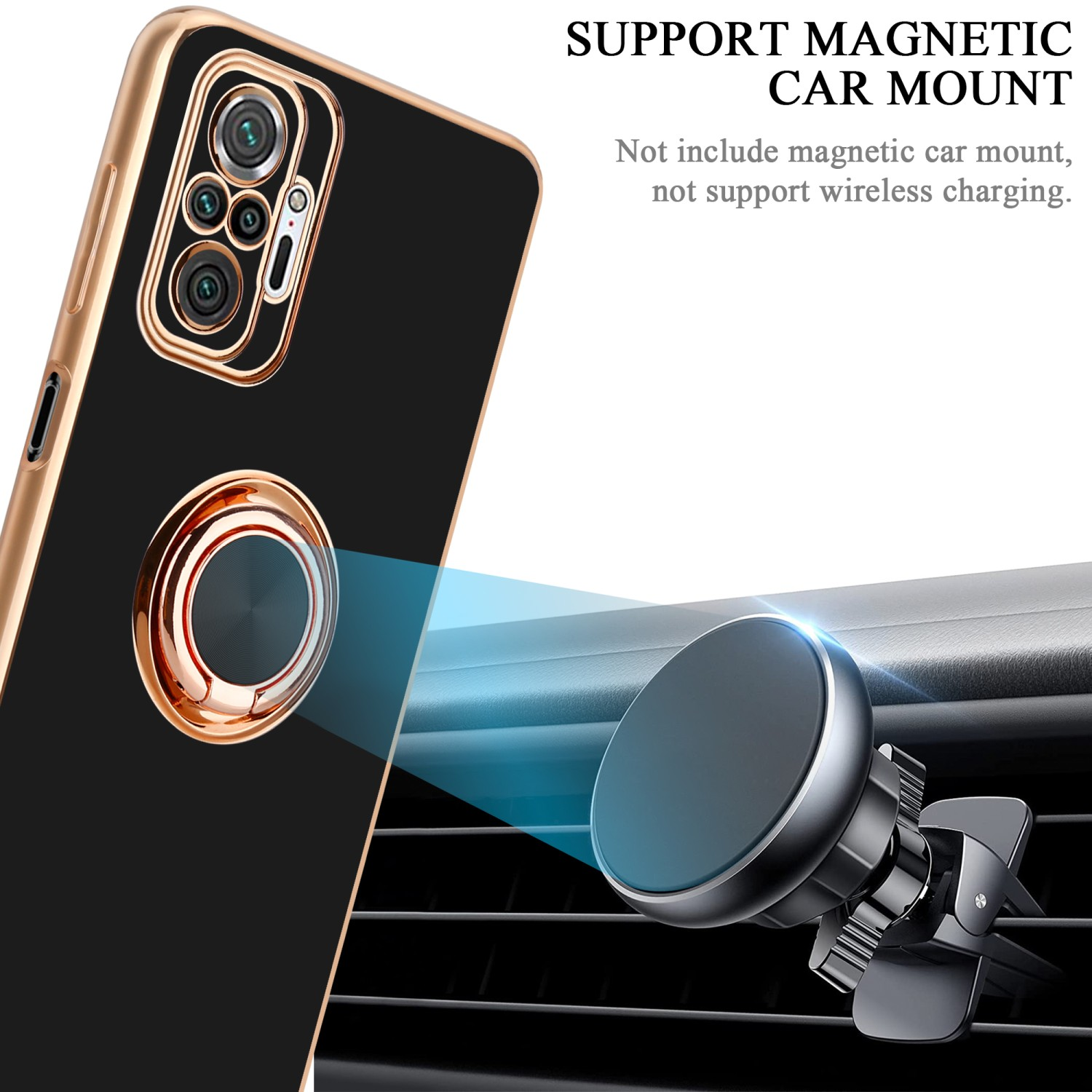 Schwarze Handyhülle mit Autohalterung. Text: 'Support Magnetic Car Mount'. Weißer Hintergrund.