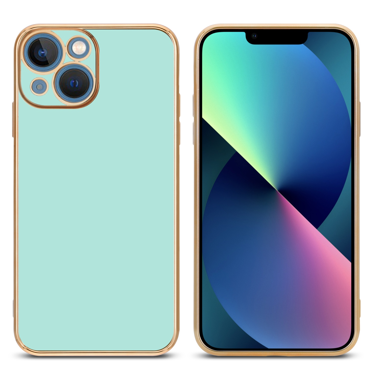 Minzgrüne Handyhülle mit goldenem Rand, mit einem Telefon rechts. Weißer Hintergrund.