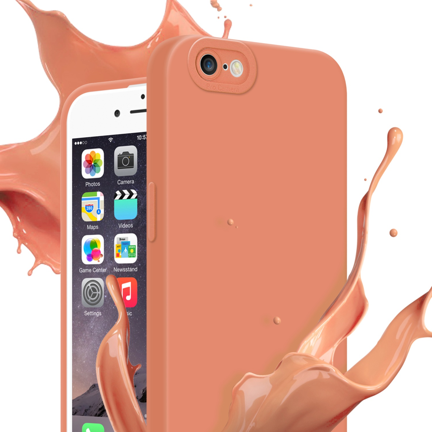 Custodia color pesca su un telefono con schizzi di vernice. Il telefono mostra le icone delle app.