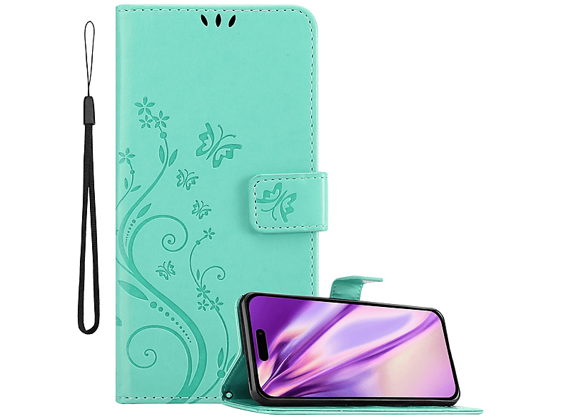 CADORABO Hülle Apple, FLORAL Muster TÜRKIS Blumen Case, iPhone Bookcover, PRO, 14 Flower