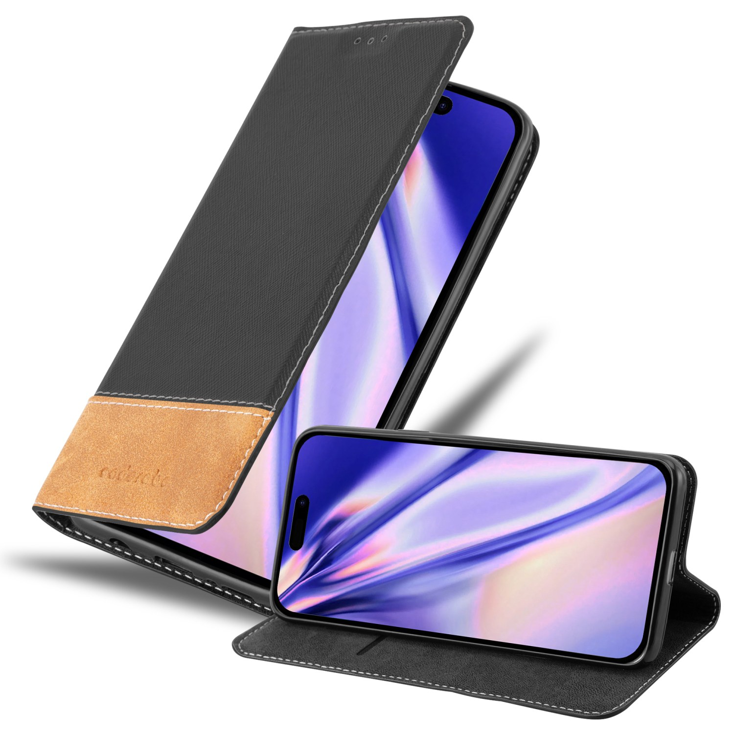 Schwarze Handyhülle mit Telefon darin. Die Hülle ist offen. Das Telefon hat schwarzen Bildschirm.