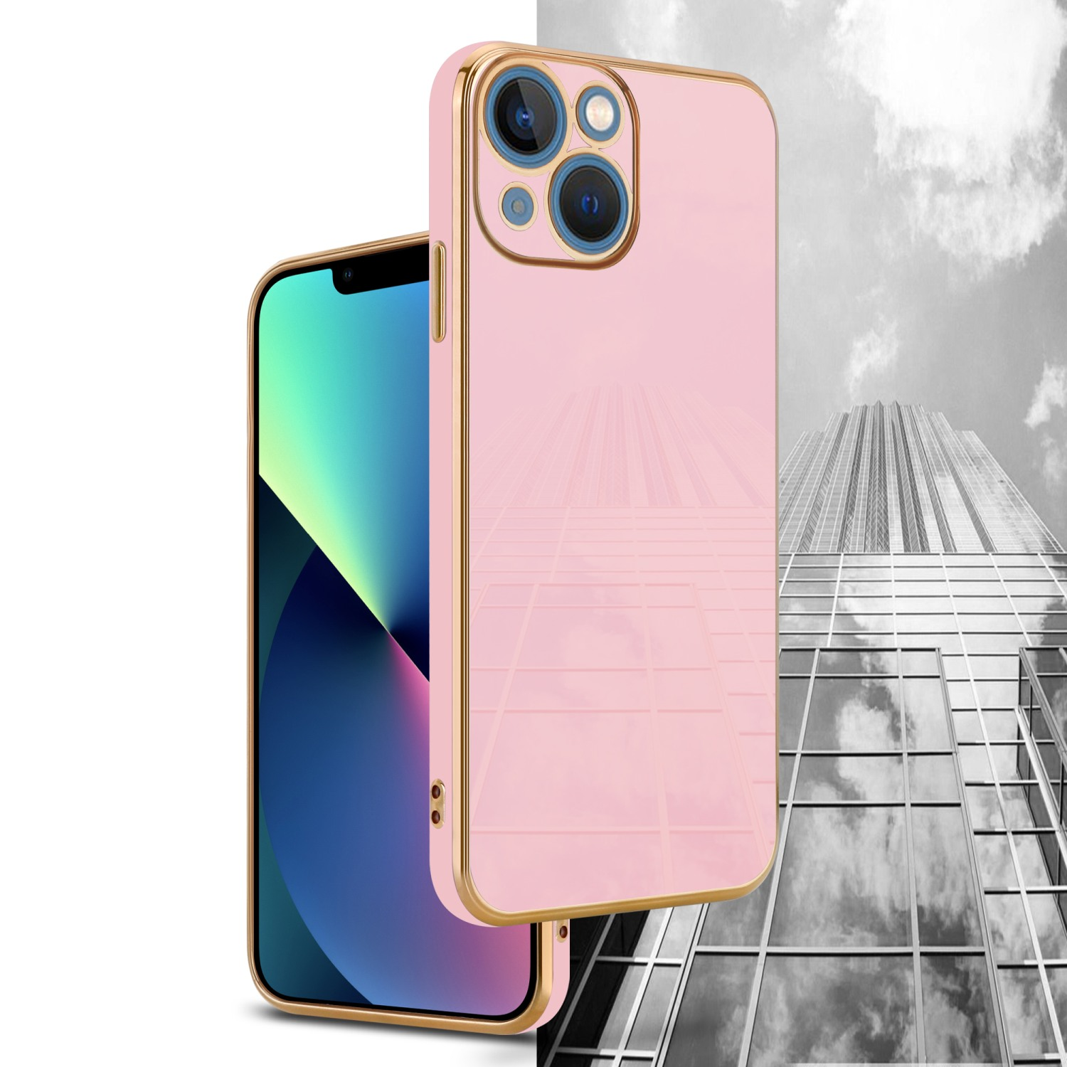 Eine rosa Handyhülle mit goldenem Rand, neben einem Telefon, mit einem schwarz-weißen Stadtbild im Hintergrund.