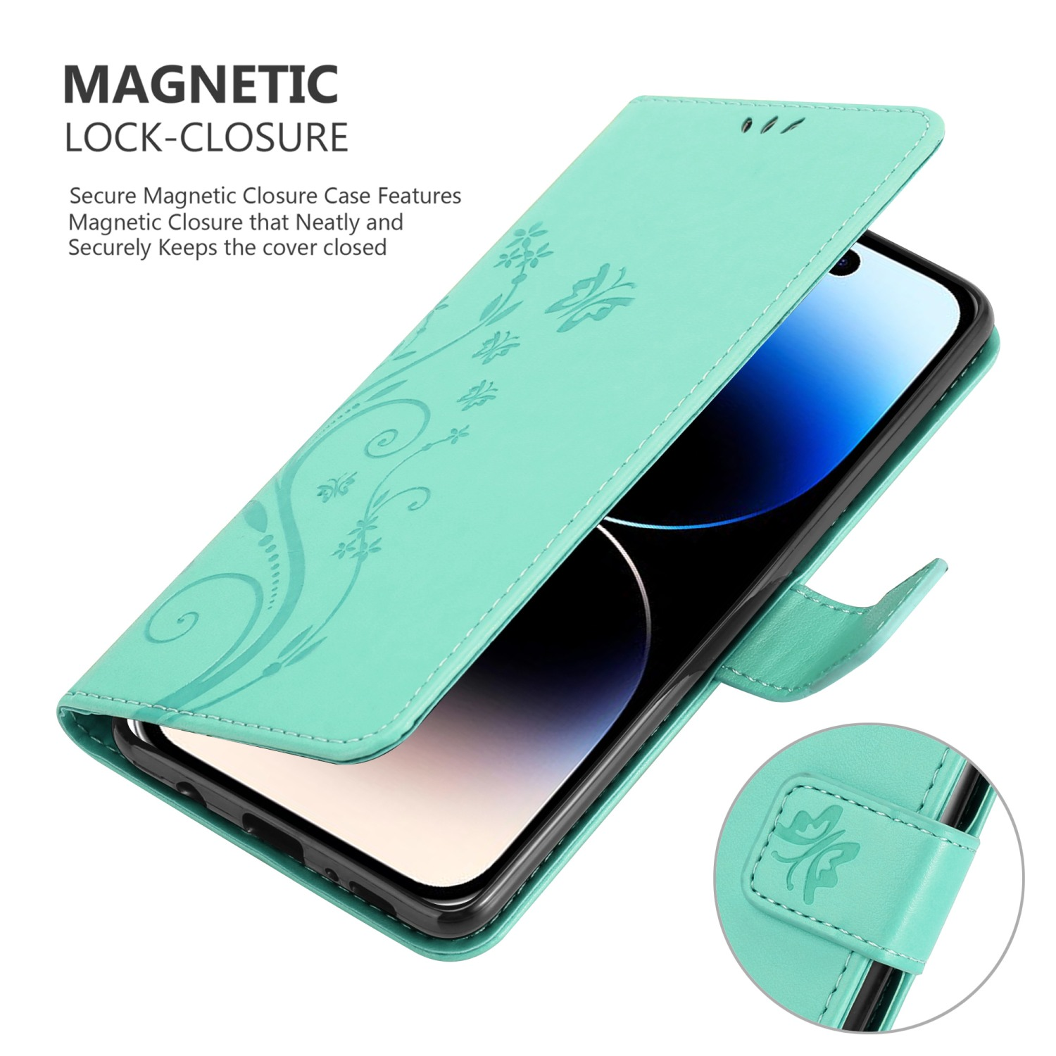 Türkisfarbene Handyhülle mit Blumendesign, geöffnet, um ein Telefon freizugeben. Ein Magnetverschluss ist sichtbar.
