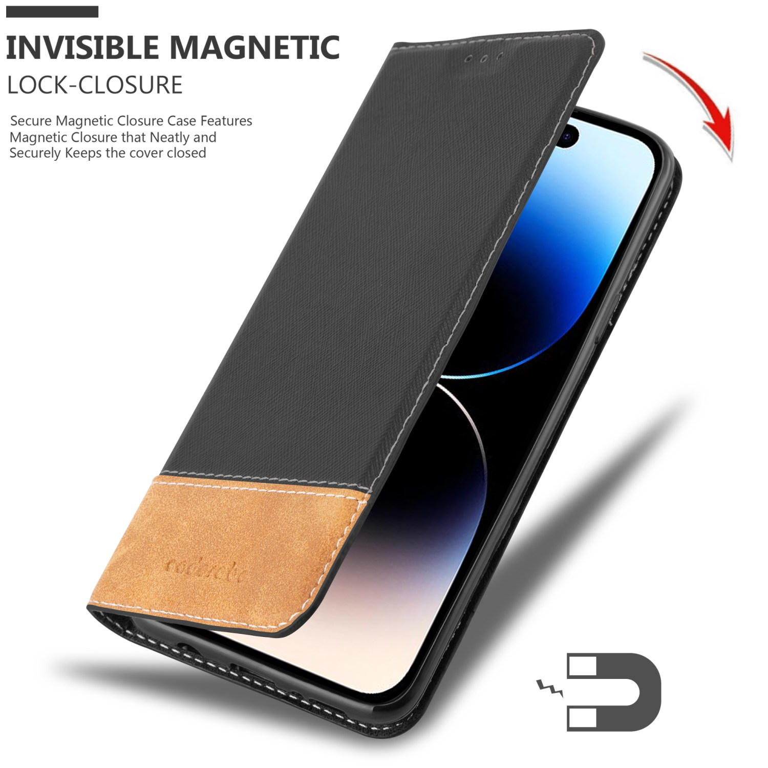 Schwarze und hellbraune Handyhülle, aufgeklappt, ein Telefon enthüllt. Text: 'INVISIBLE MAGNETIC LOCK-CLOSURE'.
