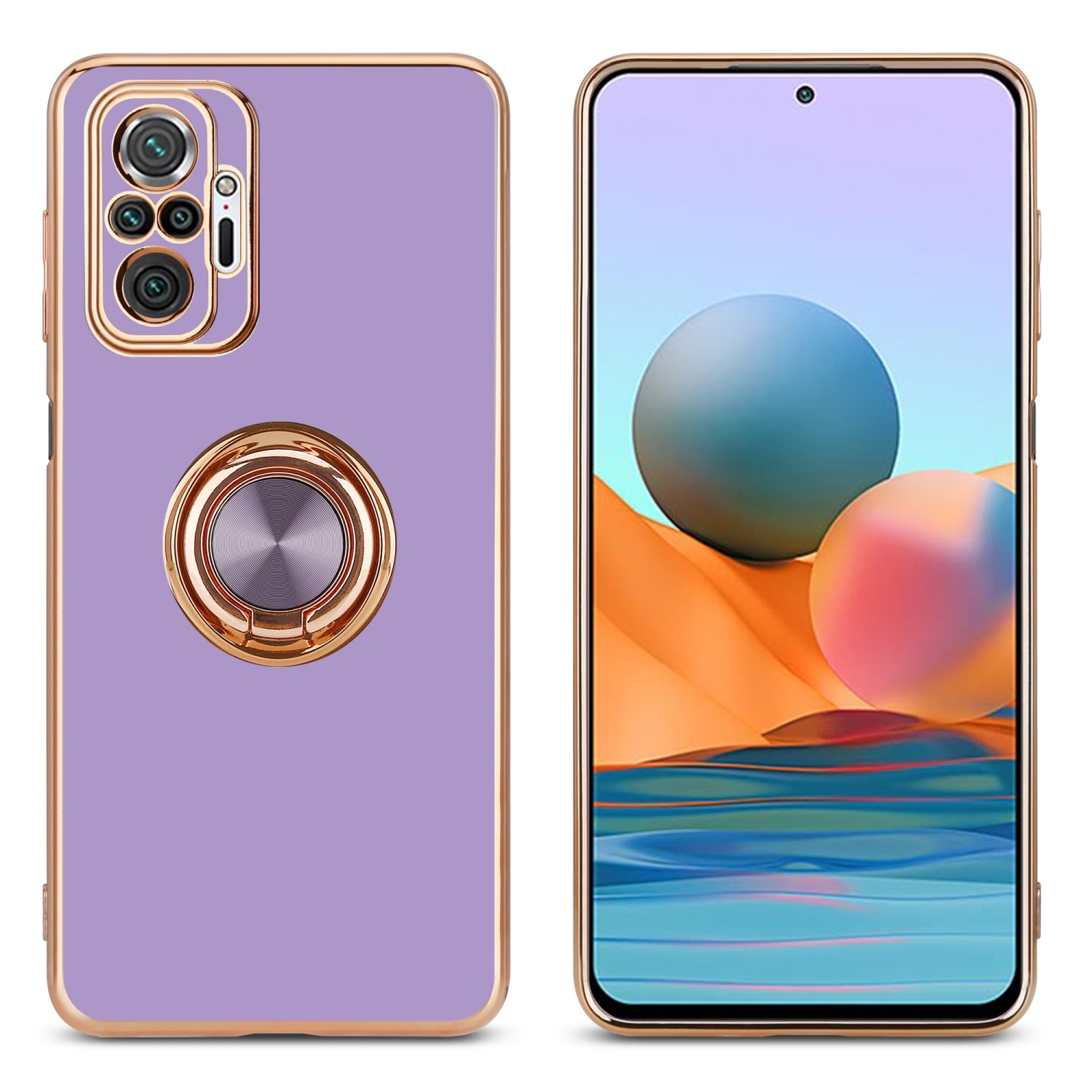 Custodia viola con bordi oro, anello. Schermo mostra sfera blu e arancione.
