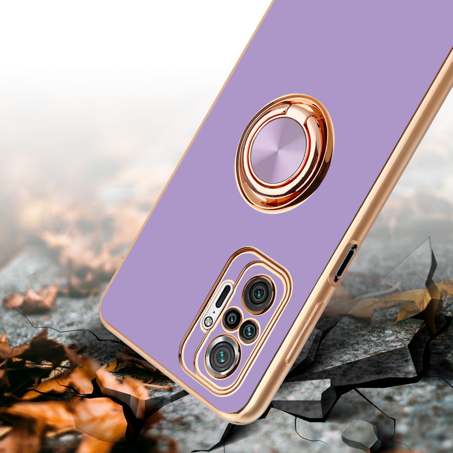 Custodia per telefono viola con un anello dorato. La custodia è su una superficie incrinata.