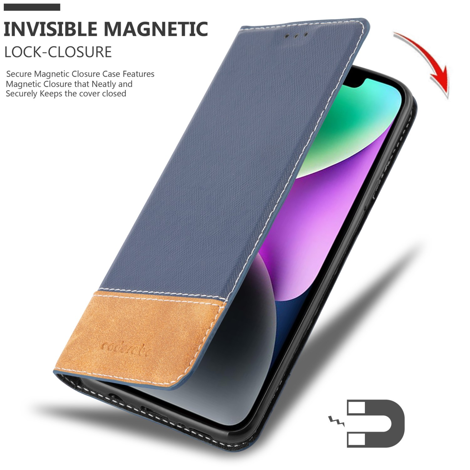 Blaue und hellbraune Handyhülle geöffnet, zeigt ein Telefon. Text: Unsichtbarer Magnetverschluss.