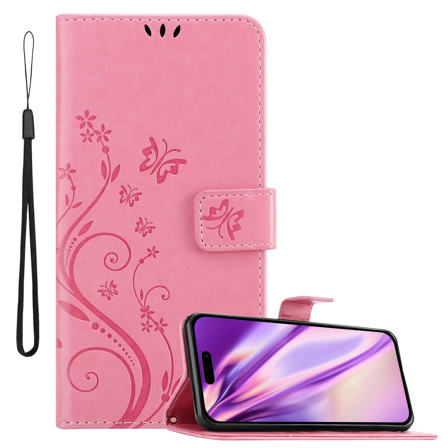 Rosa Handy-Brieftasche mit Blumendesign und Schmetterling.